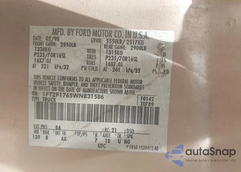 1998 Ford F-150 Lariat/Standard/Xl/Xlt from USA, damaged, VIN 1FTZF1765WNB31586